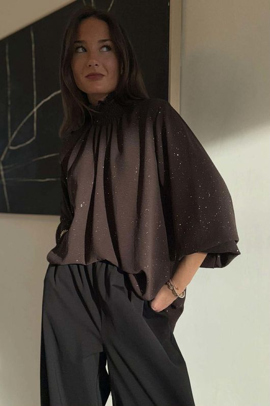 Suki Night Sky Shirring Neck Blouse Chocolate